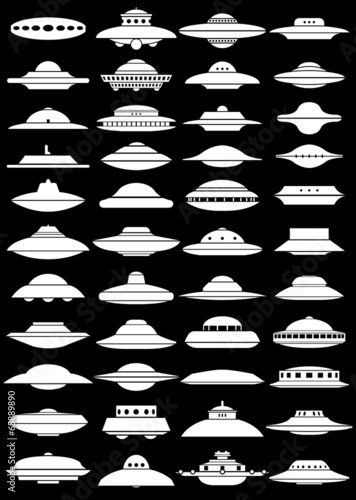 Vintage UFO Flying Saucer Shapes Silhouettes on black Background