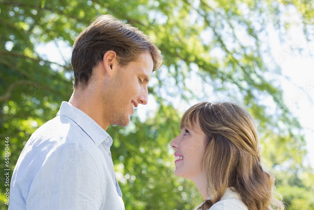 Attractive couple smiling at each other in the park Attractive couple smiling at each other in the park