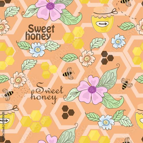 Vector seamless pattern of bees, honey and flowers