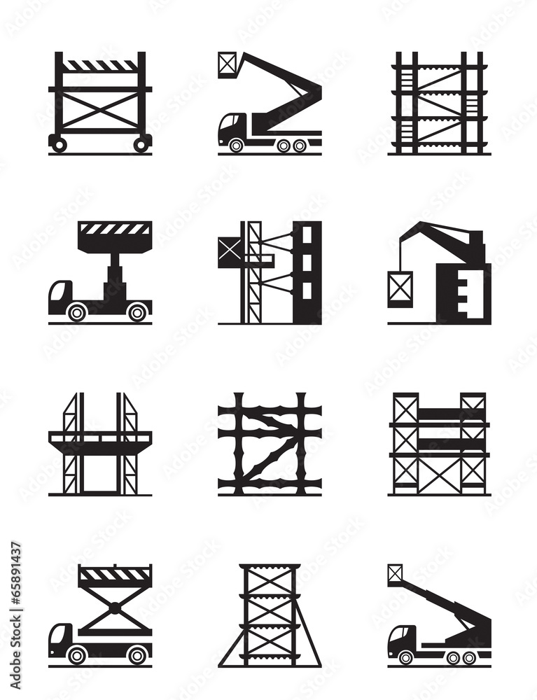 Scaffolding and construction cranes icon set - obrazy, fototapety, plakaty 