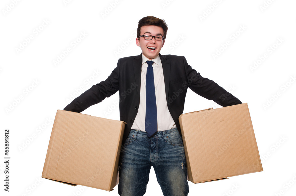 Funny man with boxes isolated on white Funny man with boxes isolated on white