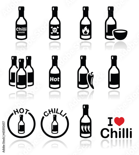Hot chilli sauce bottle icons set
