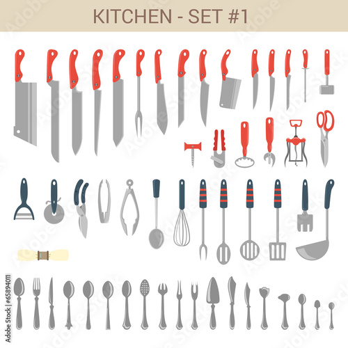 Flat style tableware cutlery vector icon set. Knifes, accessory.