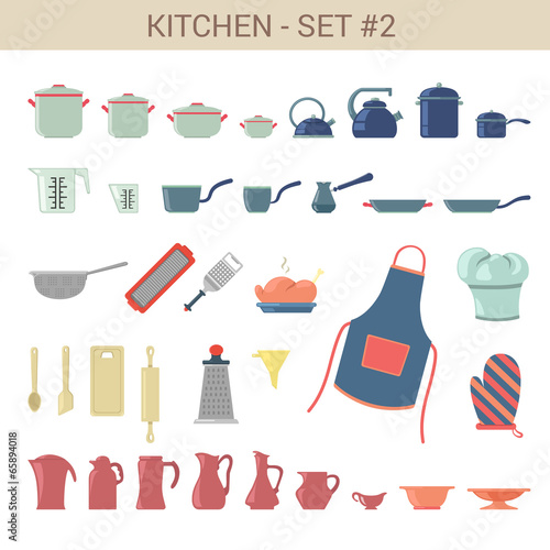 Flat style kitchenware vector icon set. Pot, kettle, cezve etc.