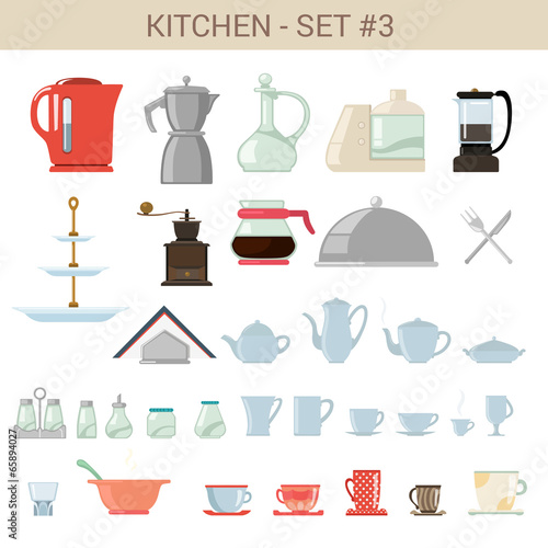 Flat style kitchenware vector icon set. Kettle, pot, sause etc.