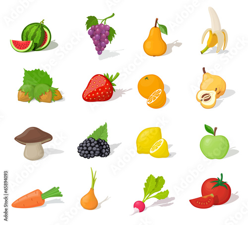 Funny children fruit and vegetable icon set. Healthy food.