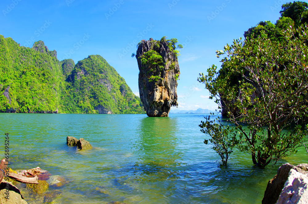 landscape James Bond Island with a boat for travelers Phang Nga Bay, Famous tourist attraction famous sightseeing tour Phuket