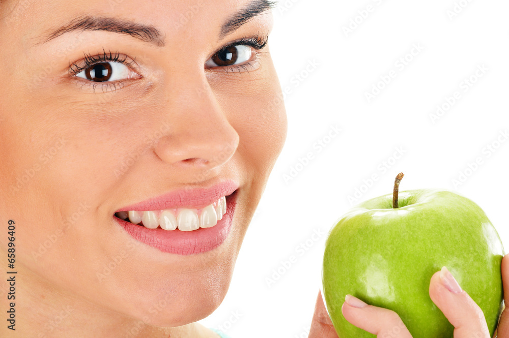 Portrait of young woman holding apple isolated on white Portrait of young woman holding apple isolated on white