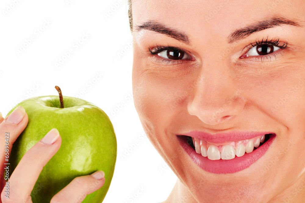 Portrait of young woman holding apple isolated on white Portrait of young woman holding apple isolated on white