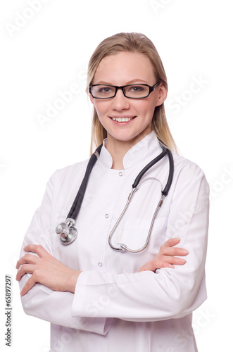 Woman doctor isolated on white