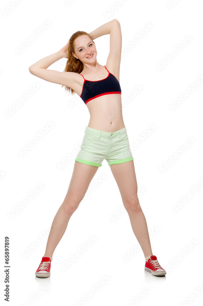 Young woman doing sport exercises isolated on white Young woman doing sport exercises isolated on white
