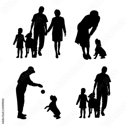 Vector silhouette of people with dog.