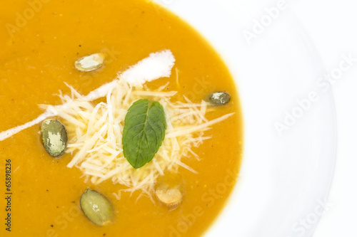 pumpkin soup on a white background in the restaurant