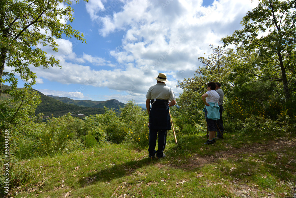 grupo de caminantes disfrutando del paisaje de montaña