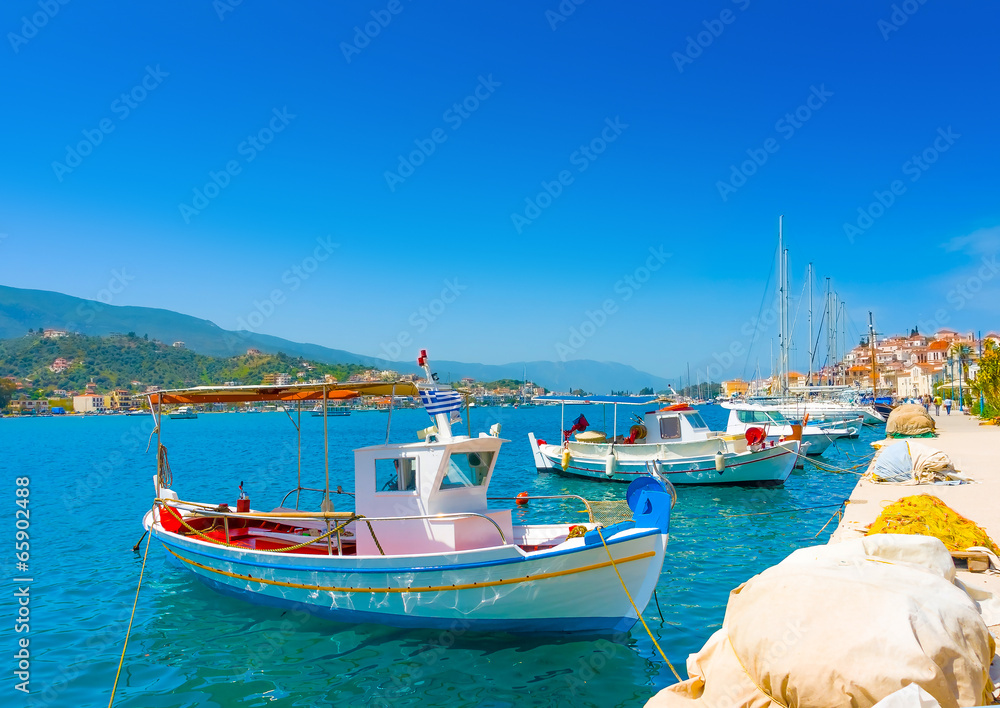 Traditional fishing boats at Poros island in Greece
