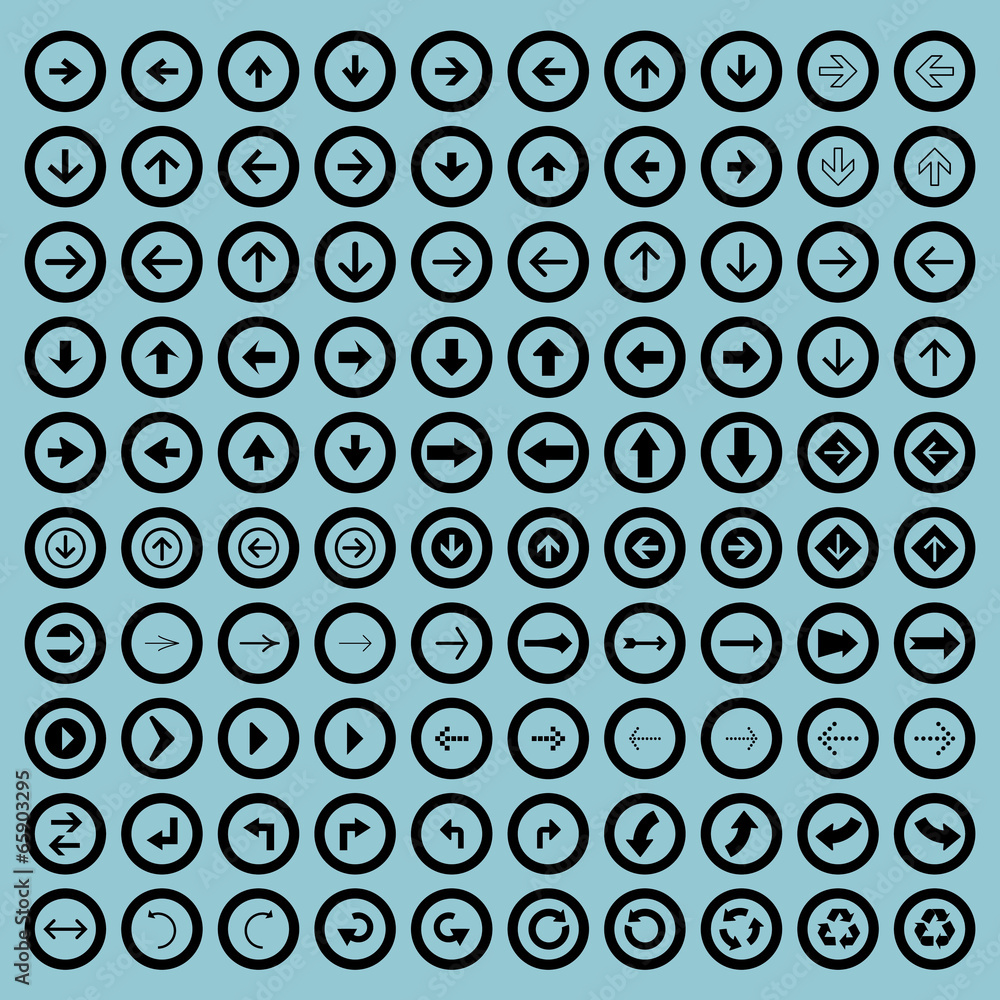 100 arrow sign icons with black background. 100 arrow sign icons with black background.