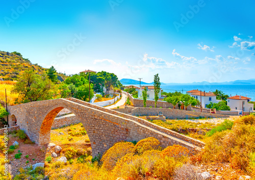 view to the sea from Vlychos village in Hydra island in Greece photo