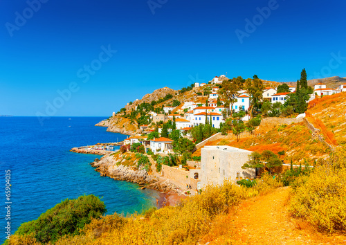 Kamini port a beautiful village in Hydra island in Greece photo