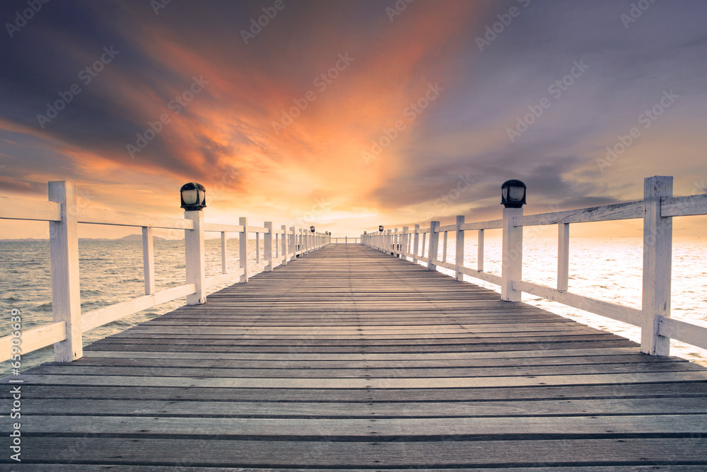 old wood bridg pier with nobody against beautiful dusky sky use