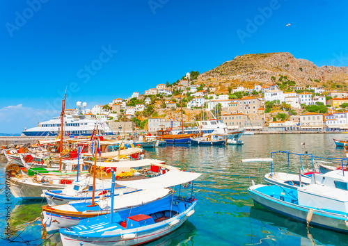 The beautiful main port of Hydra island in Greece