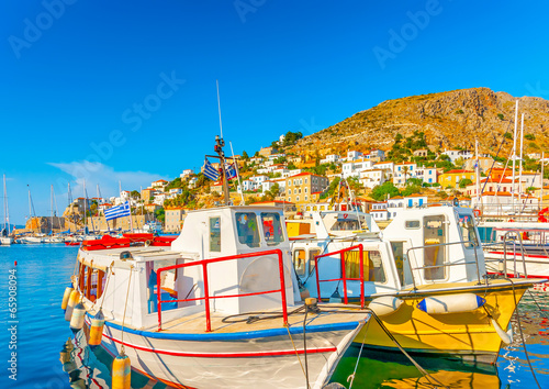 The beautiful main port of Hydra island in Greece photo