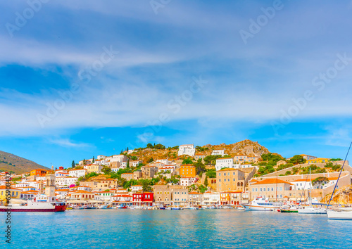 The beautiful old main port of Hydra island in Greece