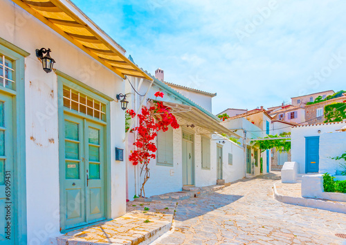 old beautiful buildings and houses in Hydra island in Greece