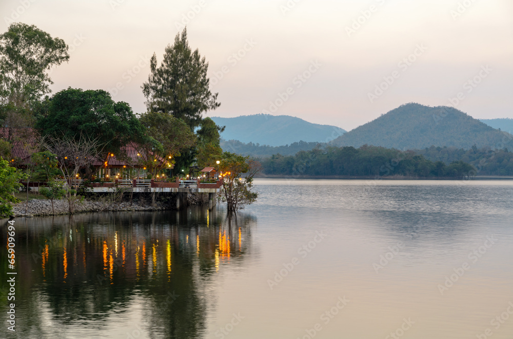 Fototapeta premium Waterfront restaurants in the evening.