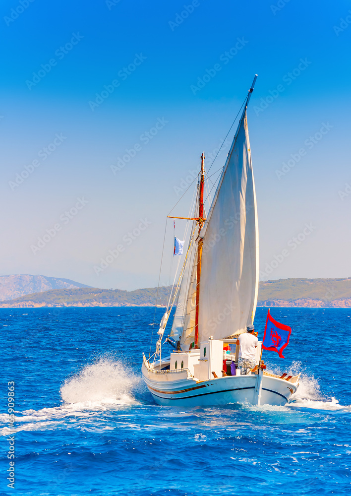 Fototapeta premium Old wooden Greek boat (Kaiki) in Spetses island in Greece
