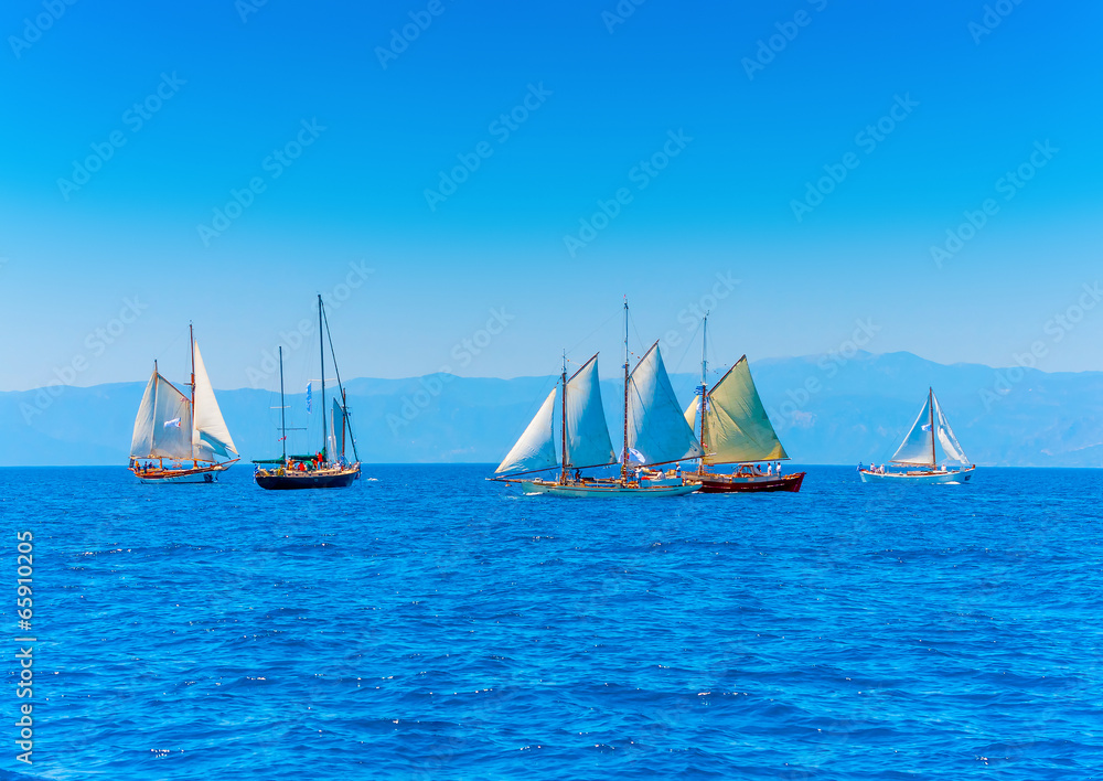 Fototapeta premium several classic sailing boats in Spetses island in Greece