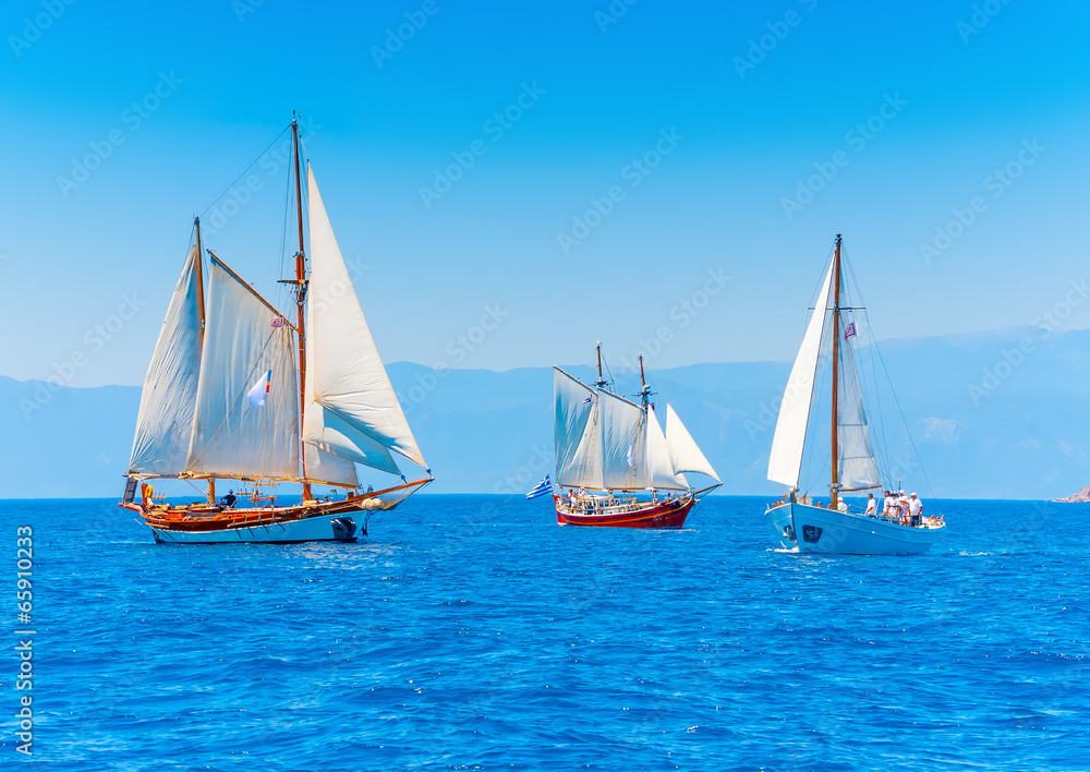 Fototapeta premium several classic sailing boats in Spetses island in Greece