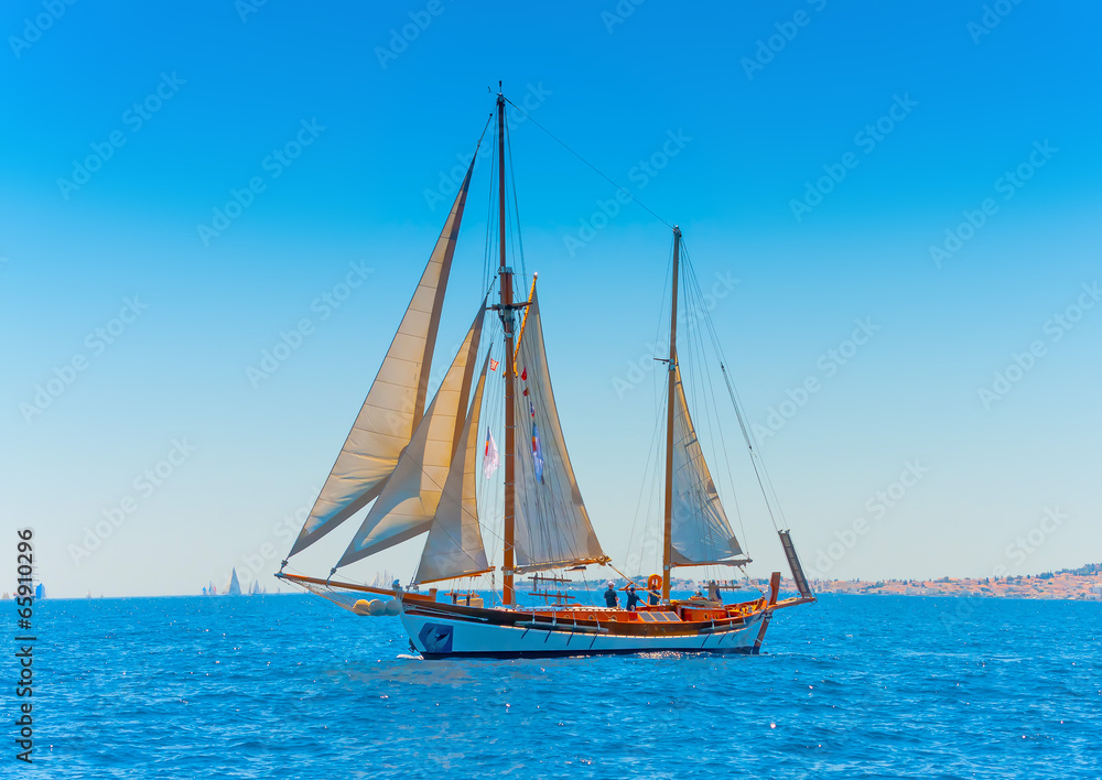 classic wooden sailing boat in Spetses island in Greece