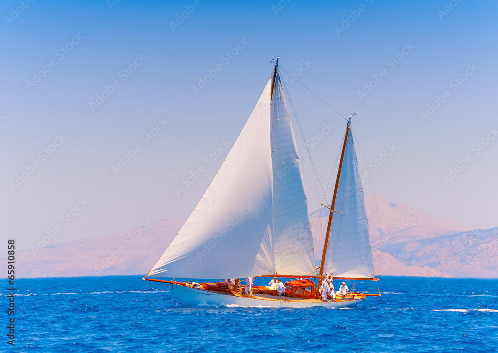 Fototapeta premium Classic wooden racing sailing boat in Spetses island in Greece