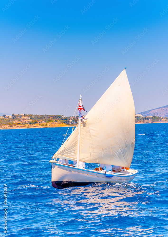 Fototapeta premium Classic wooden Greek boat (Kaiki) in Spetses island in Greece