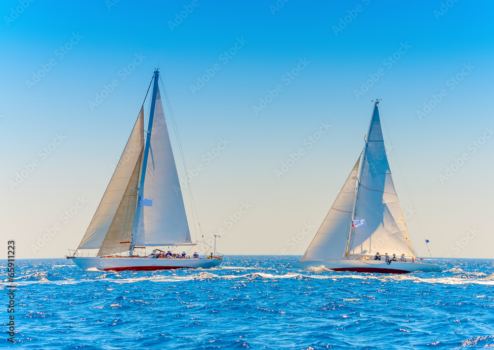 Fototapeta premium several classic wooden sailing boats in Spetses island in Greece