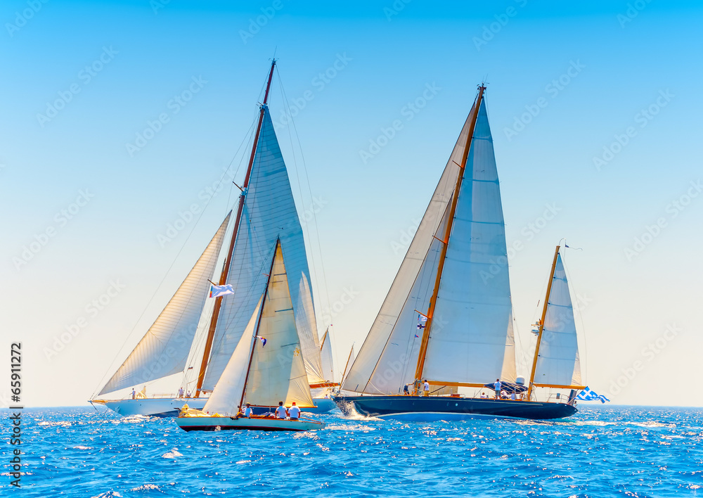 Fototapeta premium several classic wooden sailing boats in Spetses island in Greece