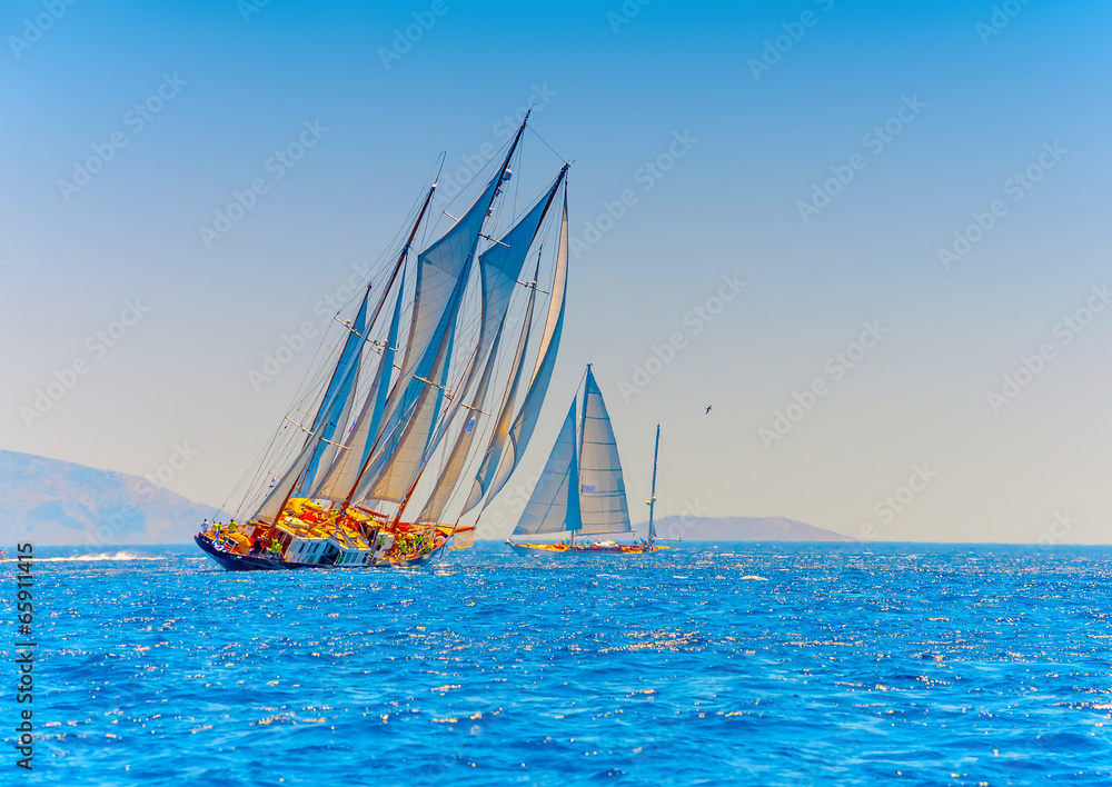 Fototapeta premium several classic wooden sailing boats in Spetses island in Greece