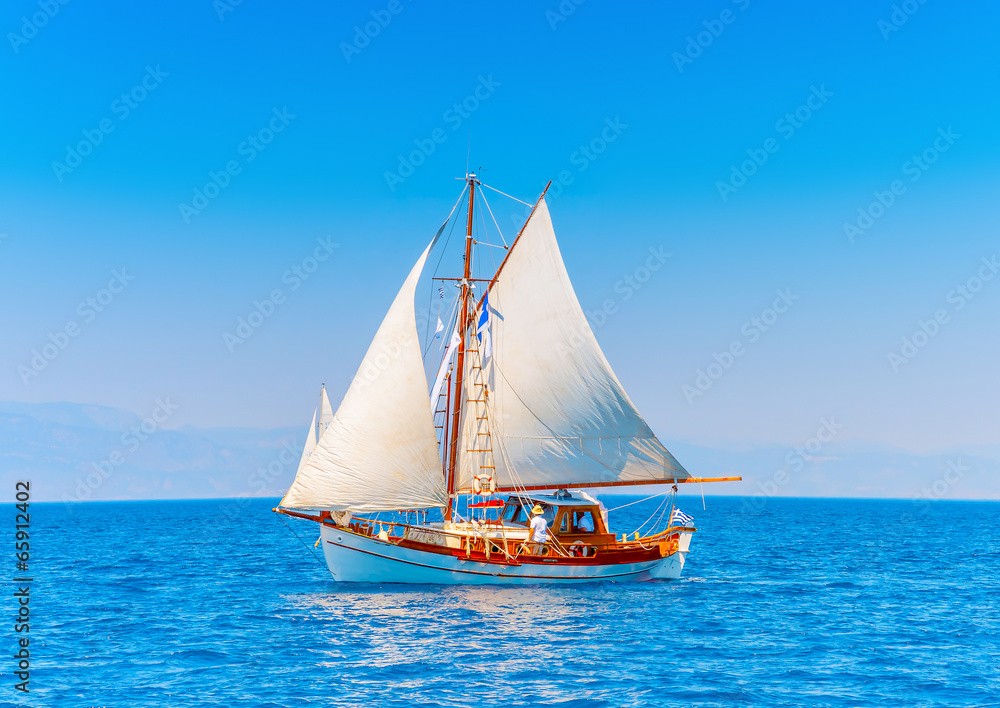 Fototapeta premium Old wooden Greek boat (Kaiki) in Spetses island in Greece
