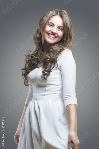 portrait of Expressive Laughing Caucasian Brunette woman