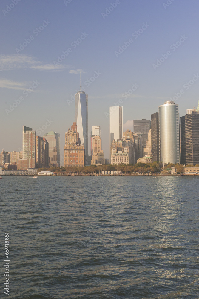 Manhattan Skyline  over Hudson River, New York City. Vertical Im