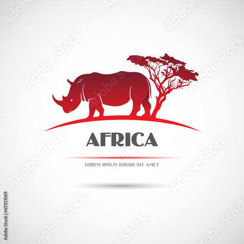 Label with the image of the African rhinoceros. Vector.