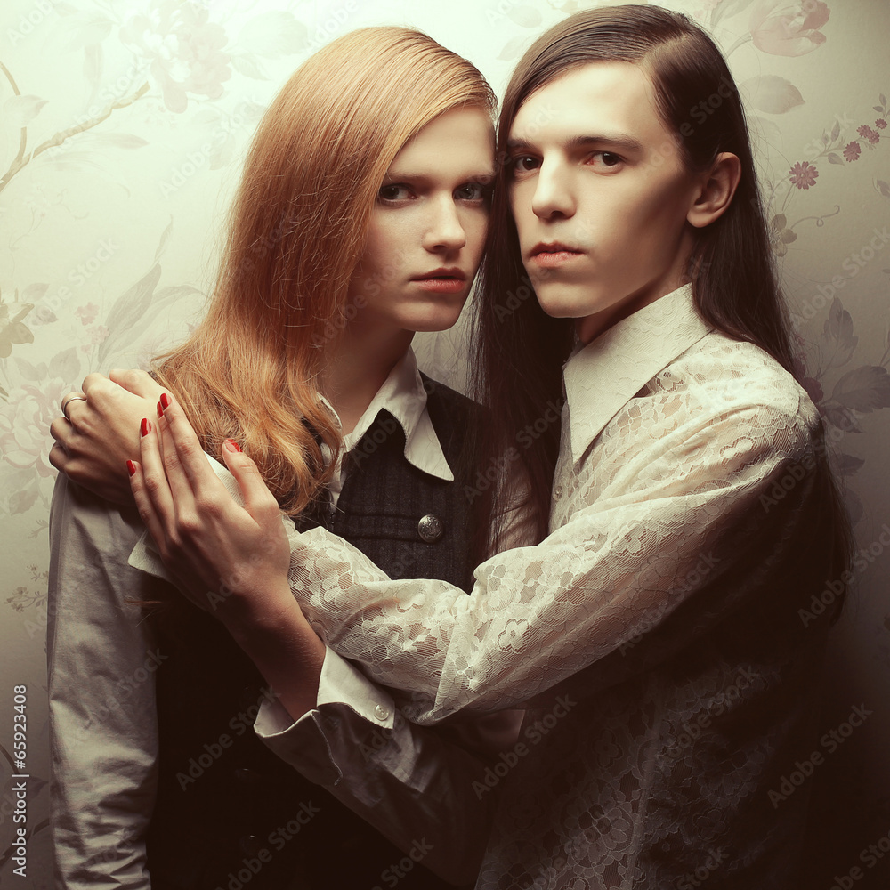 Gothic hipsters concept. Beautiful long haired couple