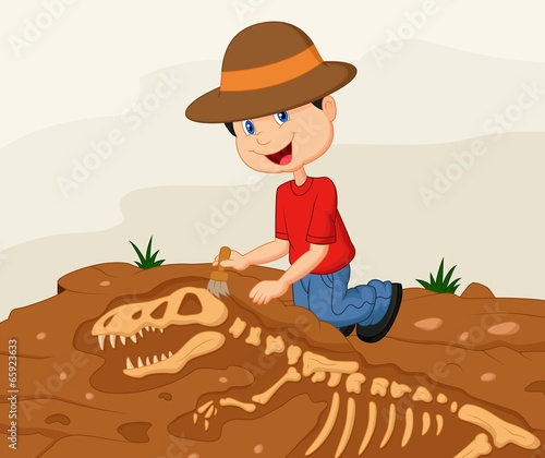Child archaeologist excavating for dinosaur fossil