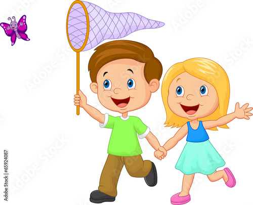 Cartoon kids catching butterfly