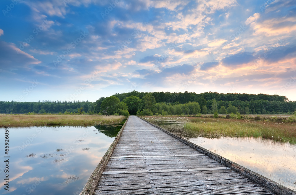 Naklejka premium wooden bridge through swamp at sunrise