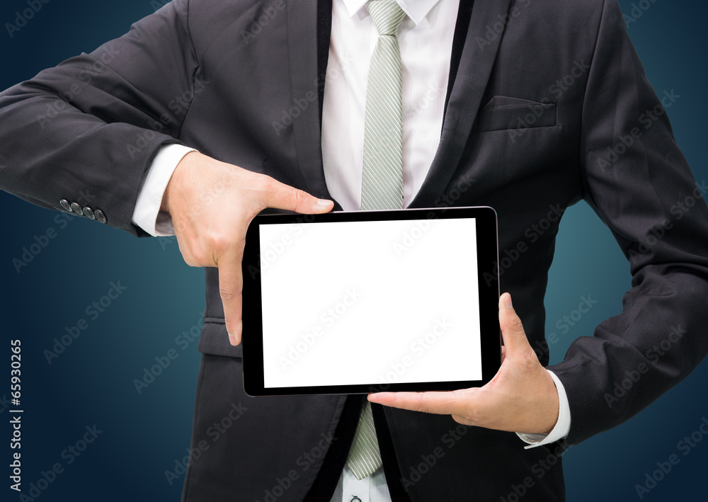 Businessman standing posture hand holding blank tablet isolated Businessman standing posture hand holding blank tablet isolated