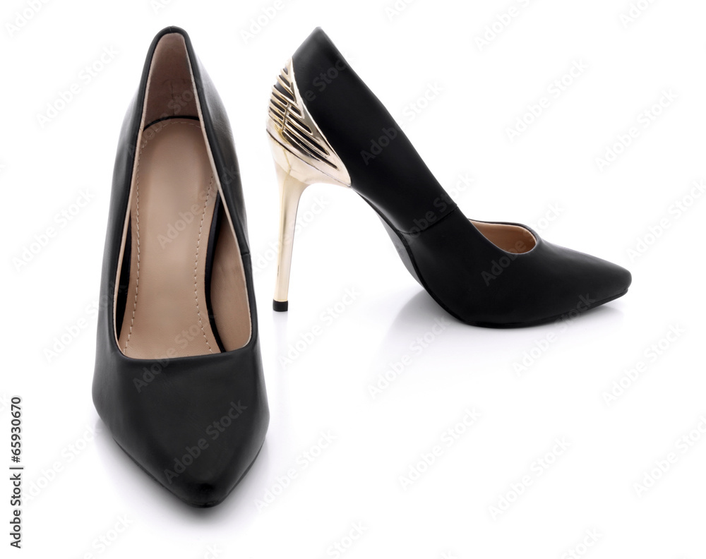 Sexy black shoes with high gold heels - obrazy, fototapety, plakaty 