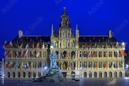 Antwerp City Hall and Brabo fountain at evening, Belgium