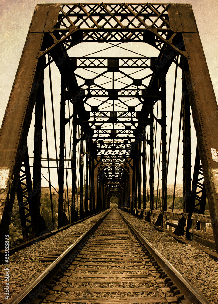 Fototapeta premium Railroad Trestle Bridge and RR Tracks from Old Vintage Retro Day