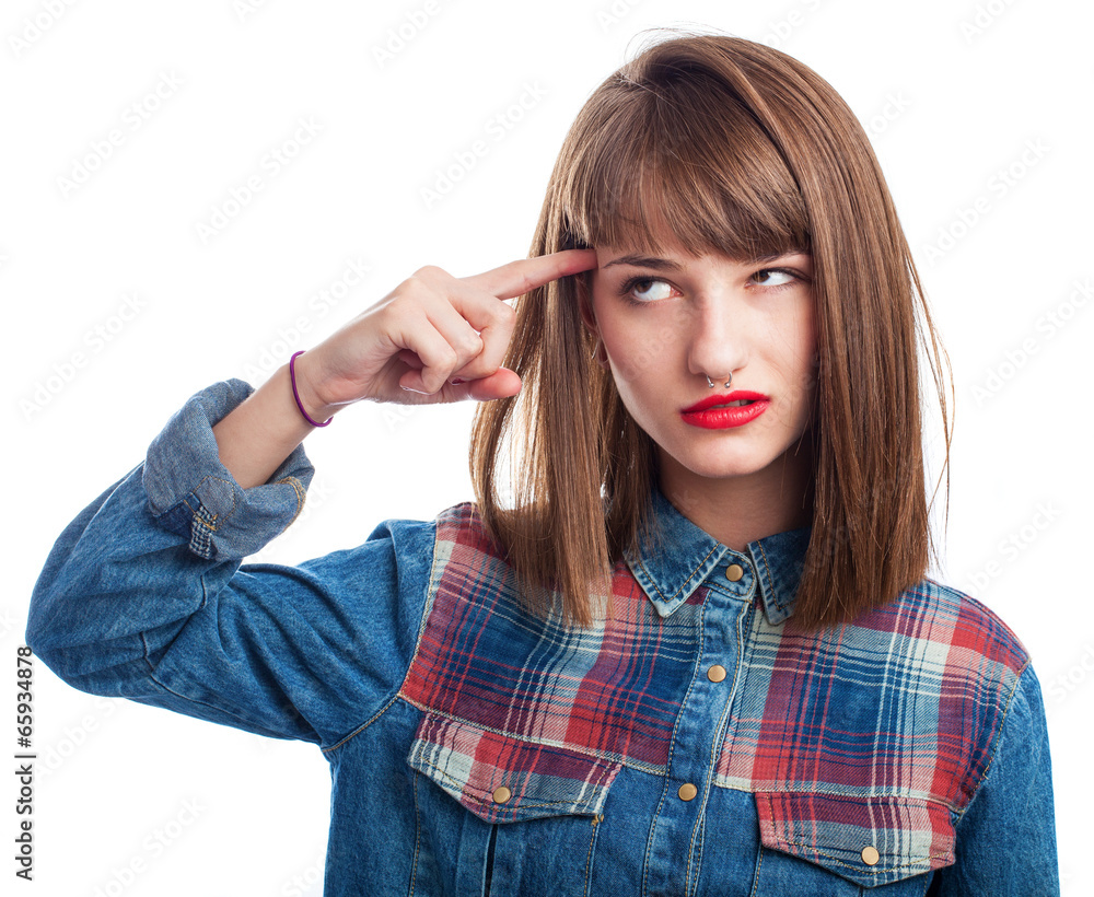 portrait of young woman doing crazy symbol gesture on white portrait of young woman doing crazy symbol gesture on white